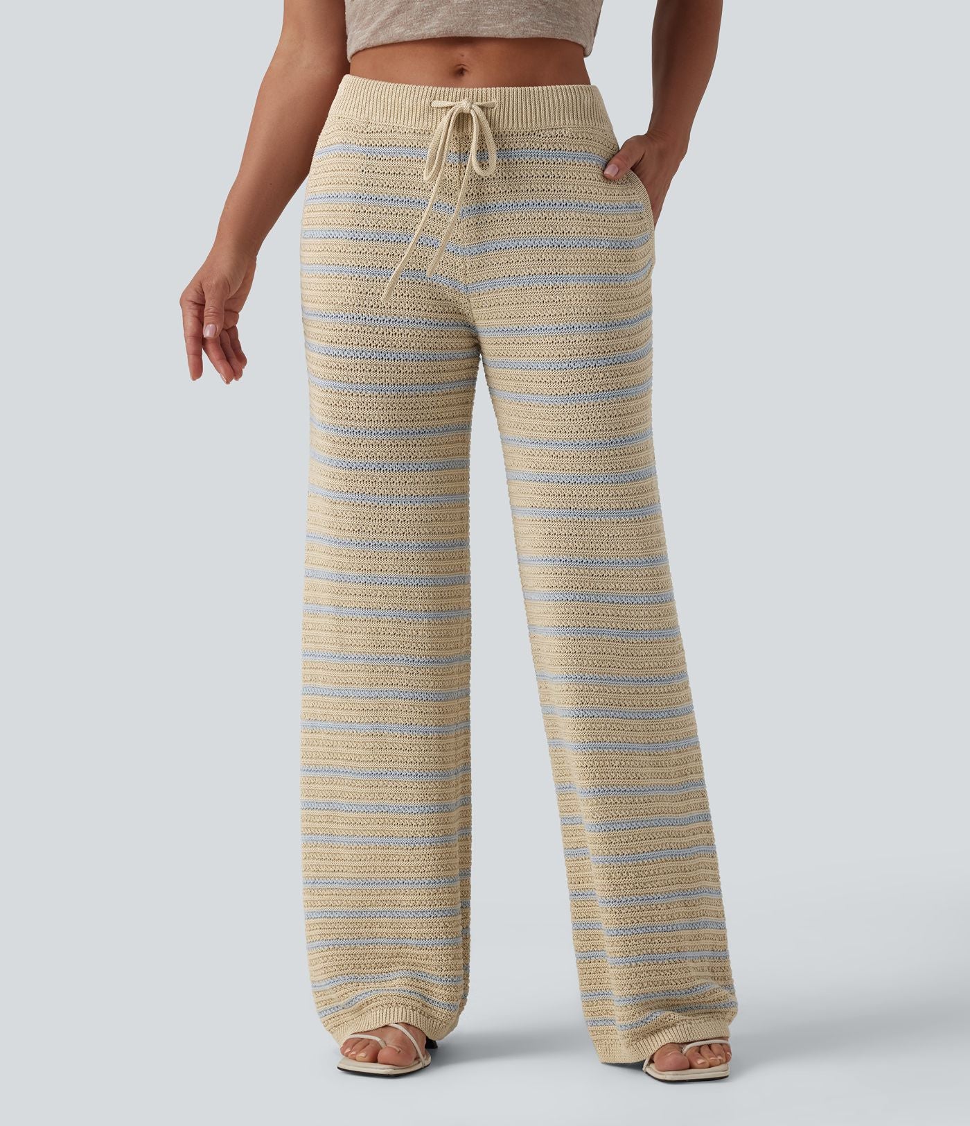Pantalon pull ample décontracté taille basse avec cordon de serrage color block rayures avec poches