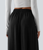 Pantalon large fluide décontracté taille haute avec cordon de serrage intérieur avec poches
