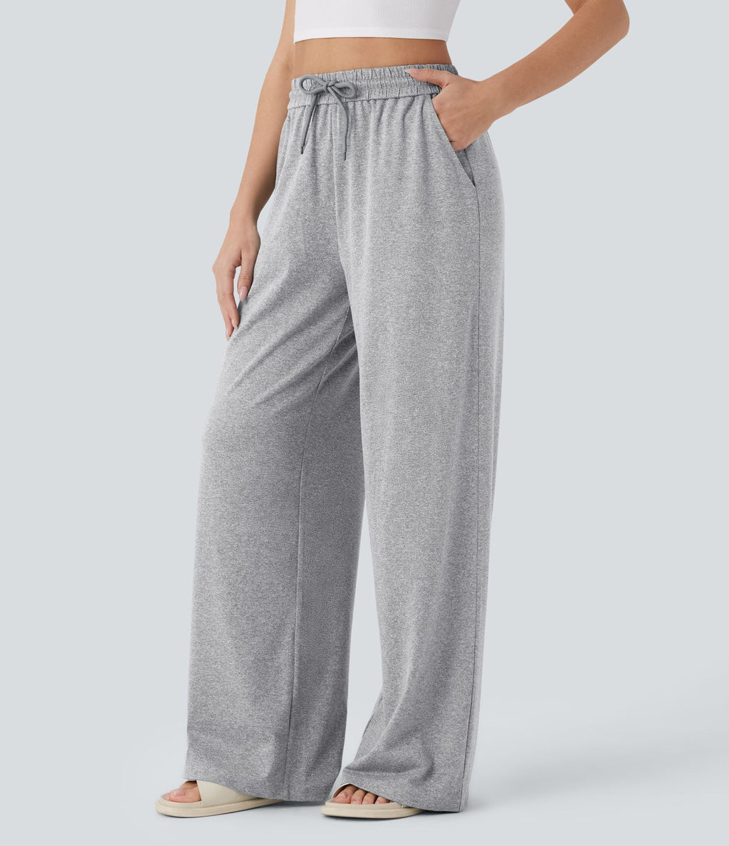 Pantalon large décontracté taille haute avec cordon de serrage et poches latérales