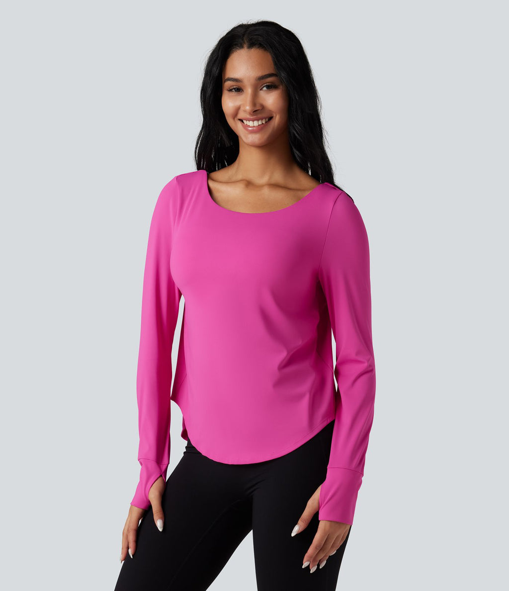 Top de sport yoga 2-en-1 SoftlyZero™ Airy dos nu croisé ourlet arrondi manches longues avec trous pouces - UPF50+