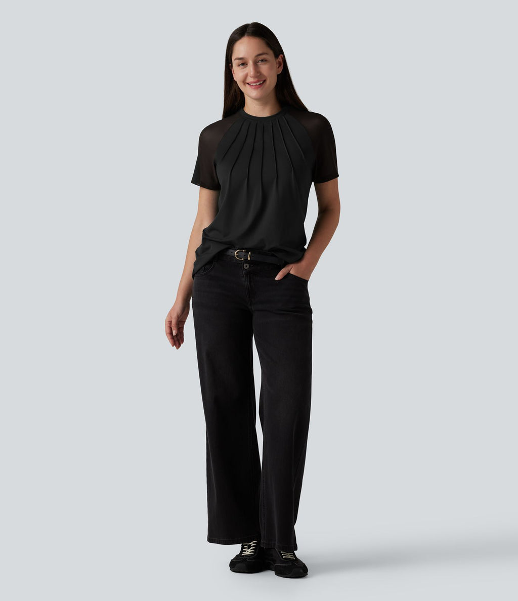 Blouse décontractée col rond manches raglan courtes avec empiècement en mesh contrasté