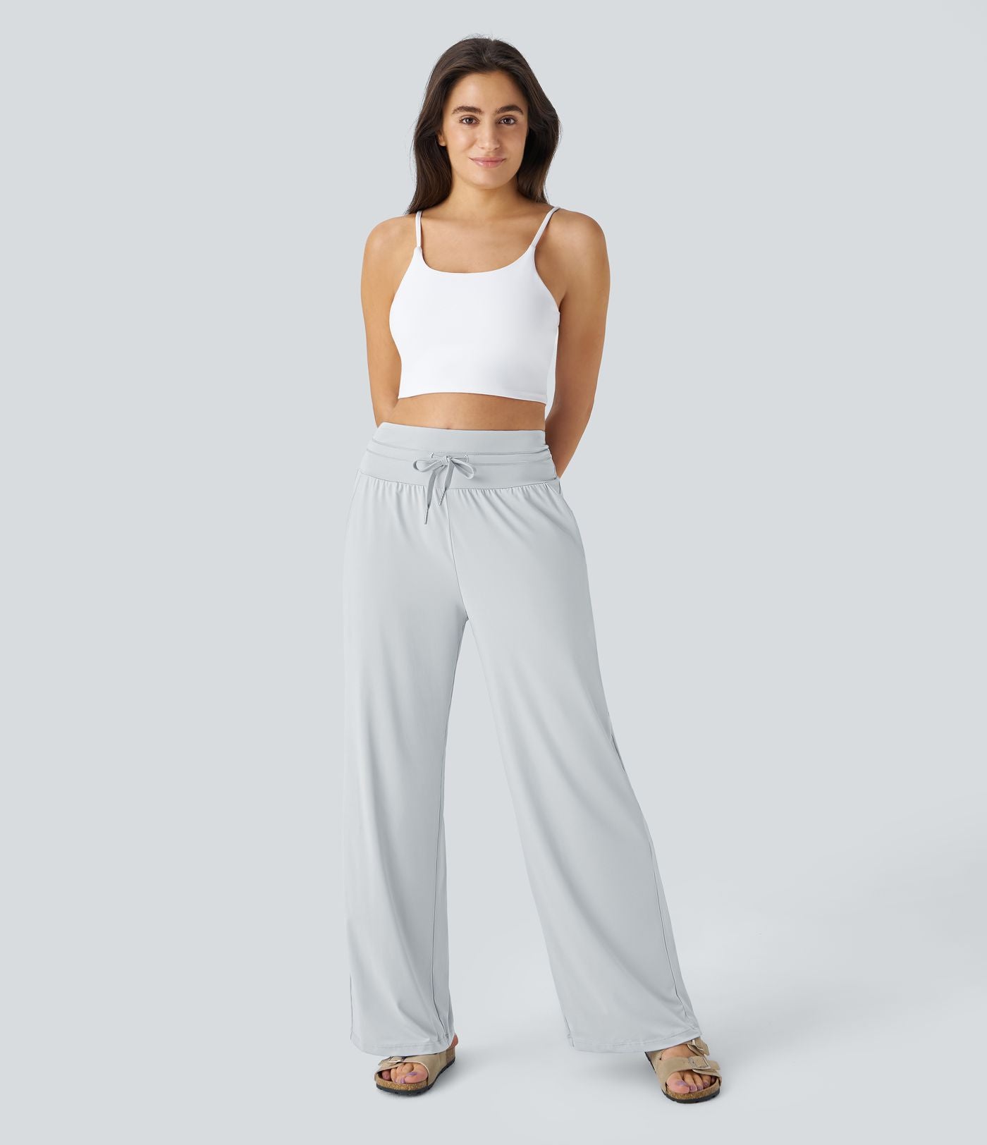 Pantalon large décontracté taille haute cordon de serrage poches latérales effet frais InstantCool
