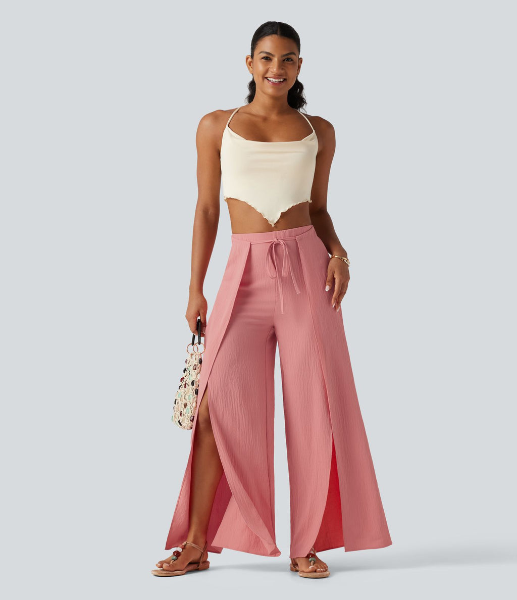 Pantalon ample fluide effet lin taille haute avec laçage