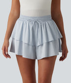 Short décontracté en satin à taille mi-haute, cordon de serrage et ourlet à volants superposés