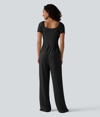 Combinaison-pantalon corset à manches courtes bouffantes et col en V, avec coussinets non amovibles et poches