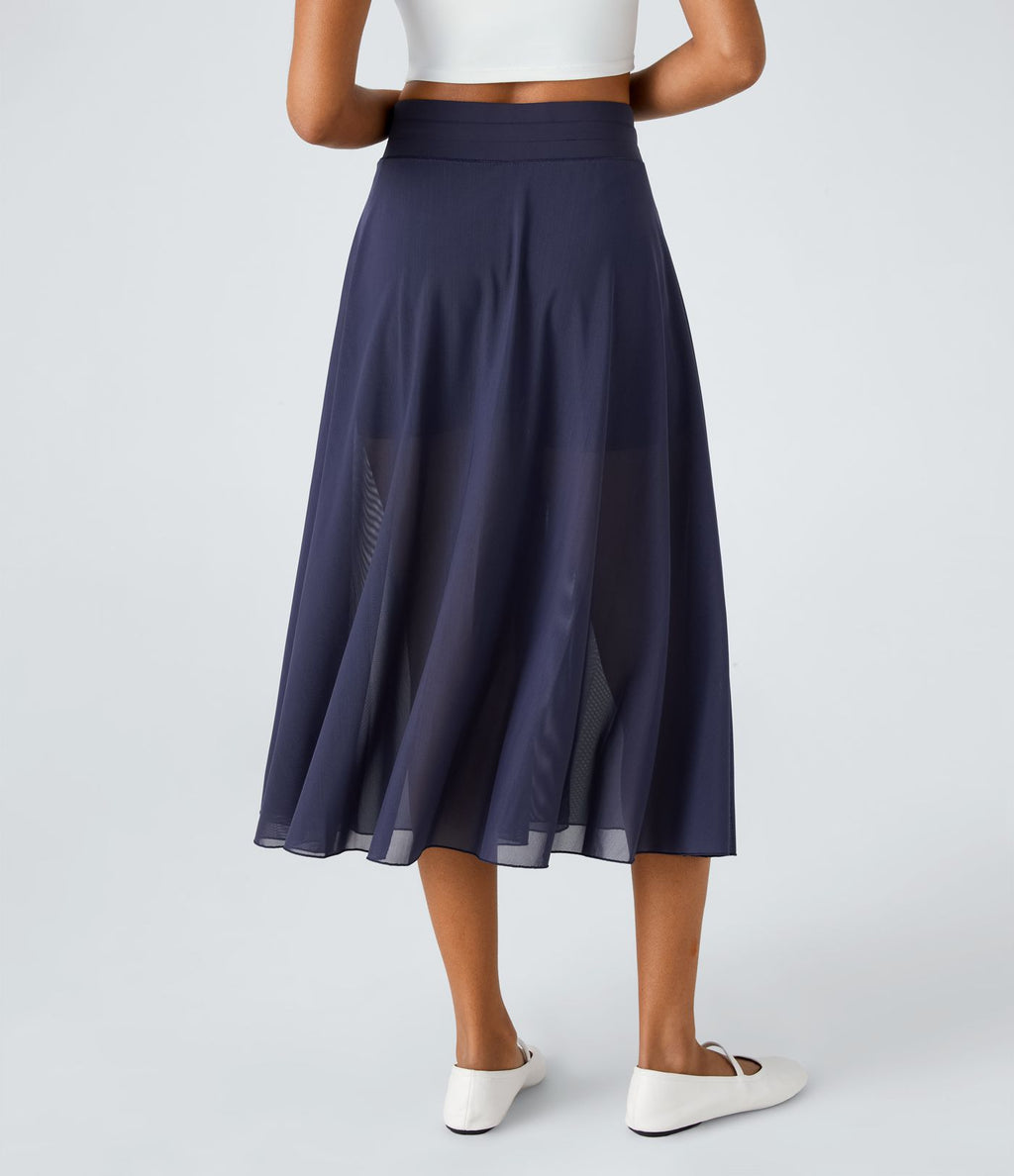 Jupe Casual Évasée Mesh Mi-Longue Fuide 2 en 1 Contrastée Taille Haute Cordon Poche Latérale