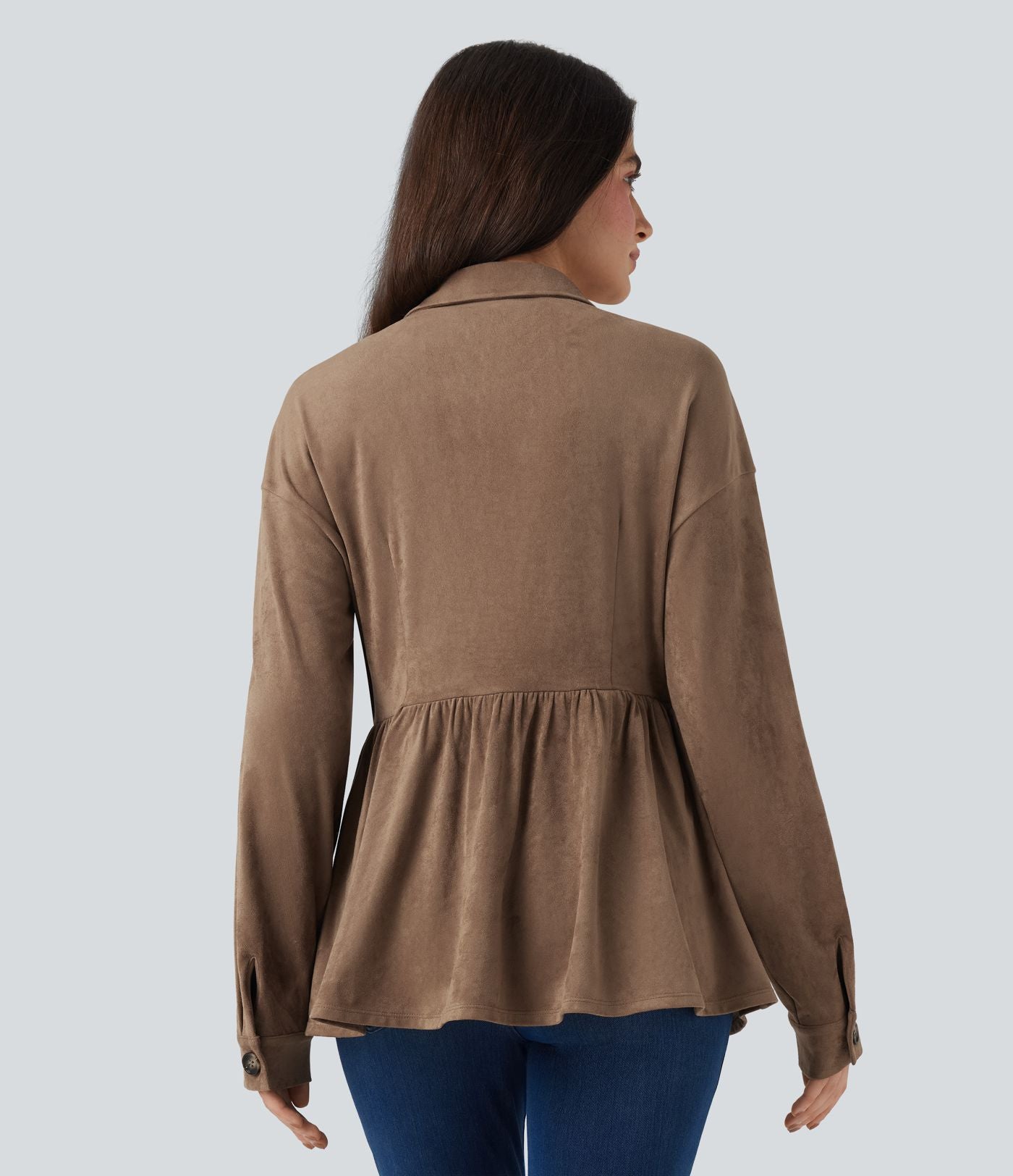 Veste-chemise décontractée effet daim manches longues à ourlet volants avec poches