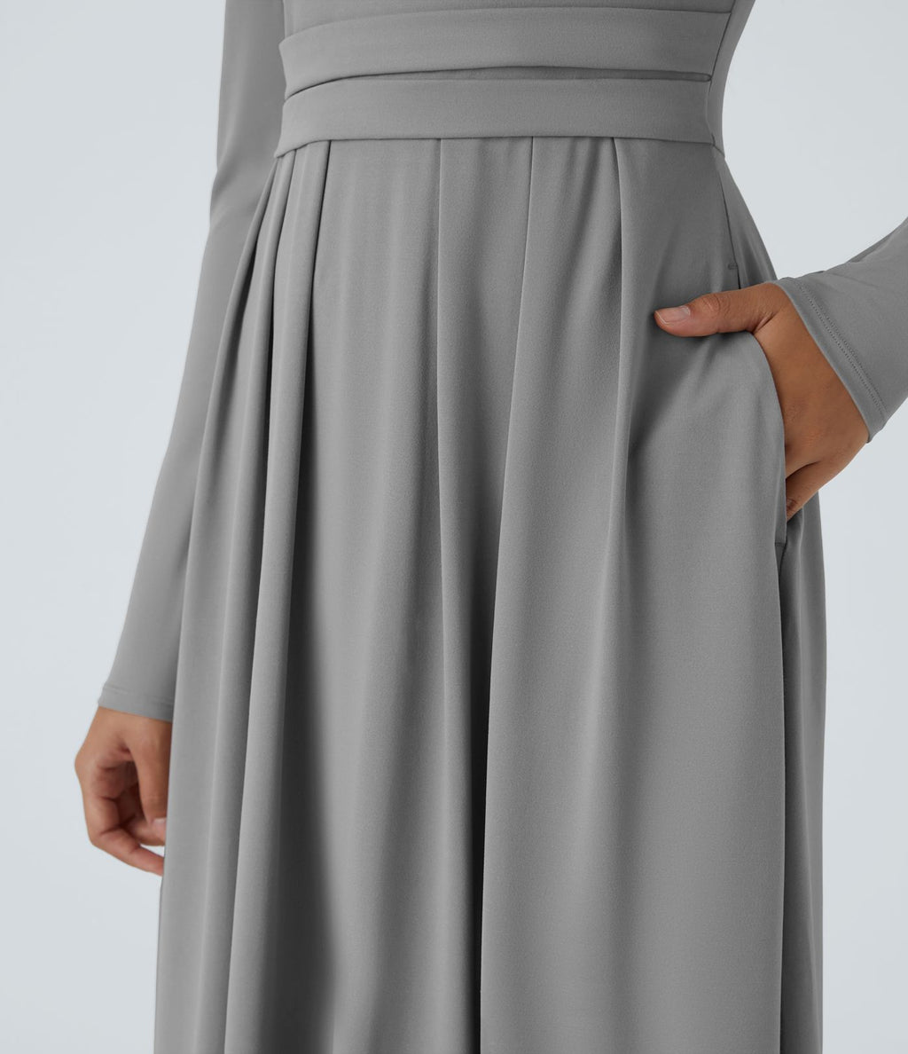 Robe longue décontractée à col montant, manches longues, plissée, avec poches latérales et coupe évasée