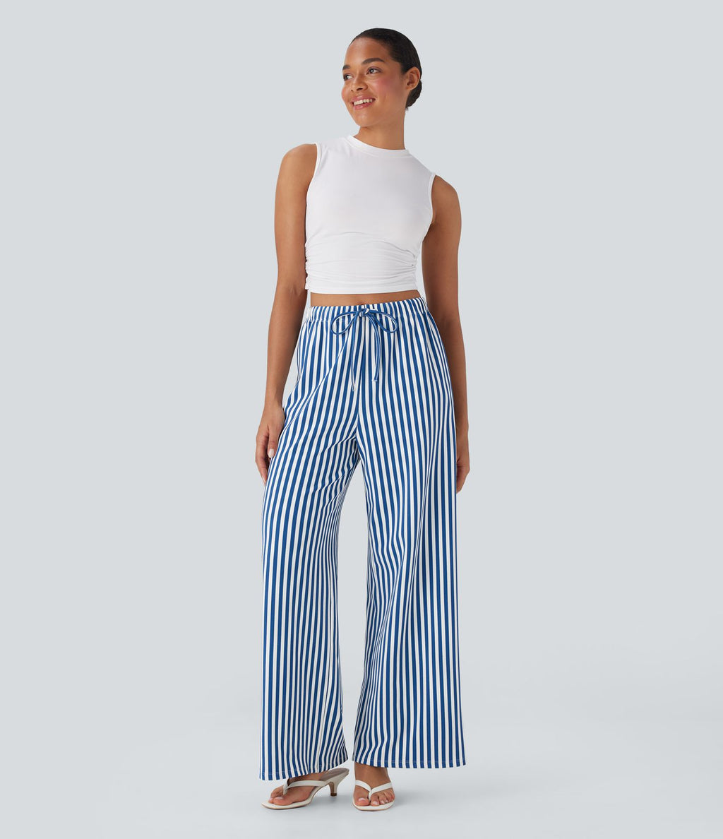Pantalon de vacances jambes larges taille haute en tissu gaufré à rayures avec cordon de serrage et poches