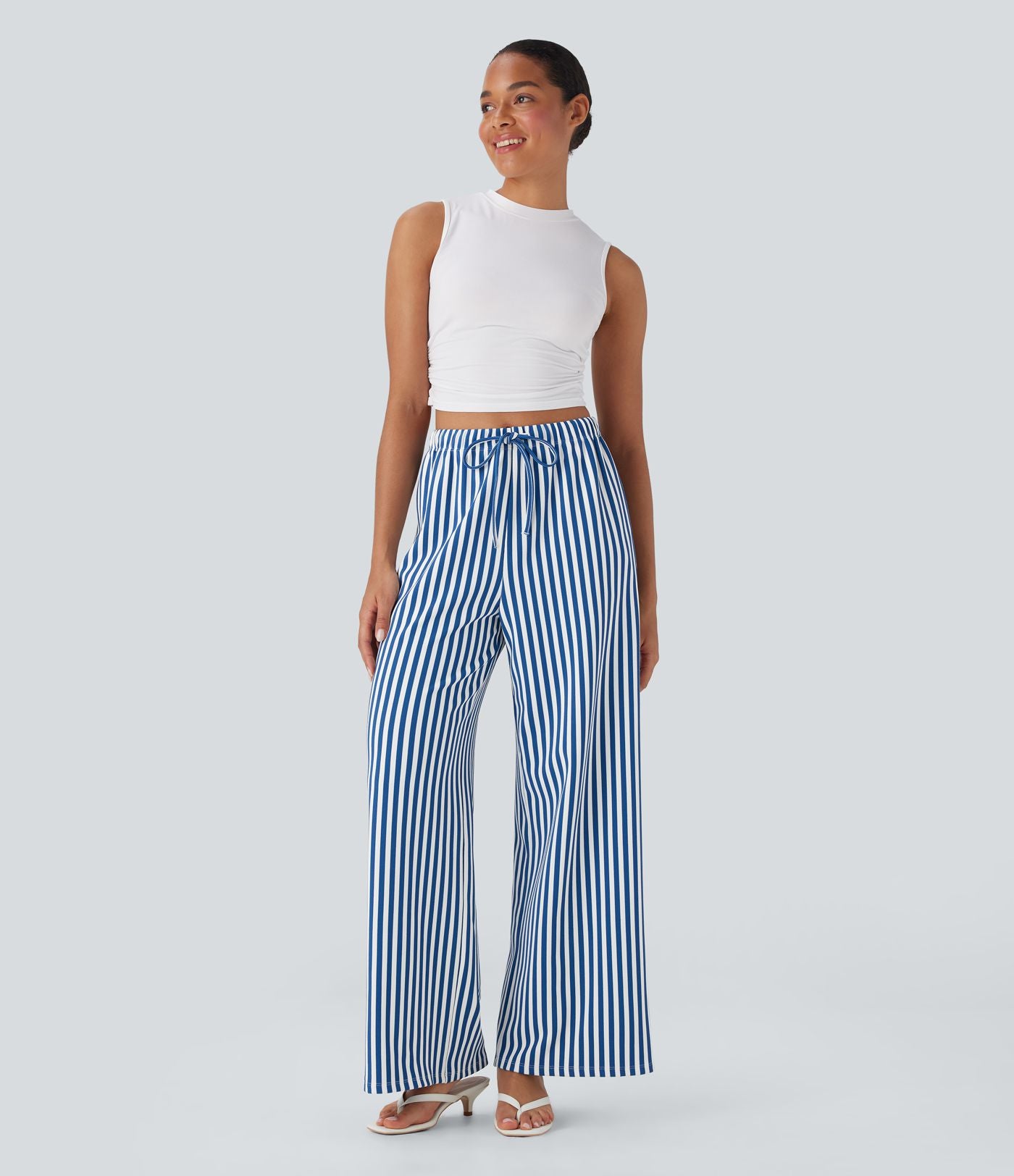 Pantalon de vacances jambes larges taille haute en tissu gaufré à rayures avec cordon de serrage et poches