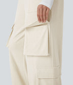 Pantalon cargo décontracté large à cordon côtelé, taille mi-haute, avec poches