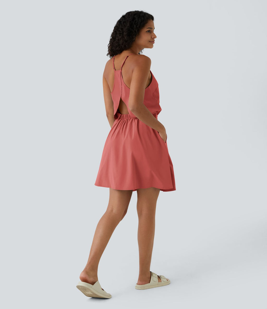 Breezeful™ Robe Casual Plissée à Bretelles Réglables Mini Dos Nu Découpée Poche Latérale Séchage Rapide