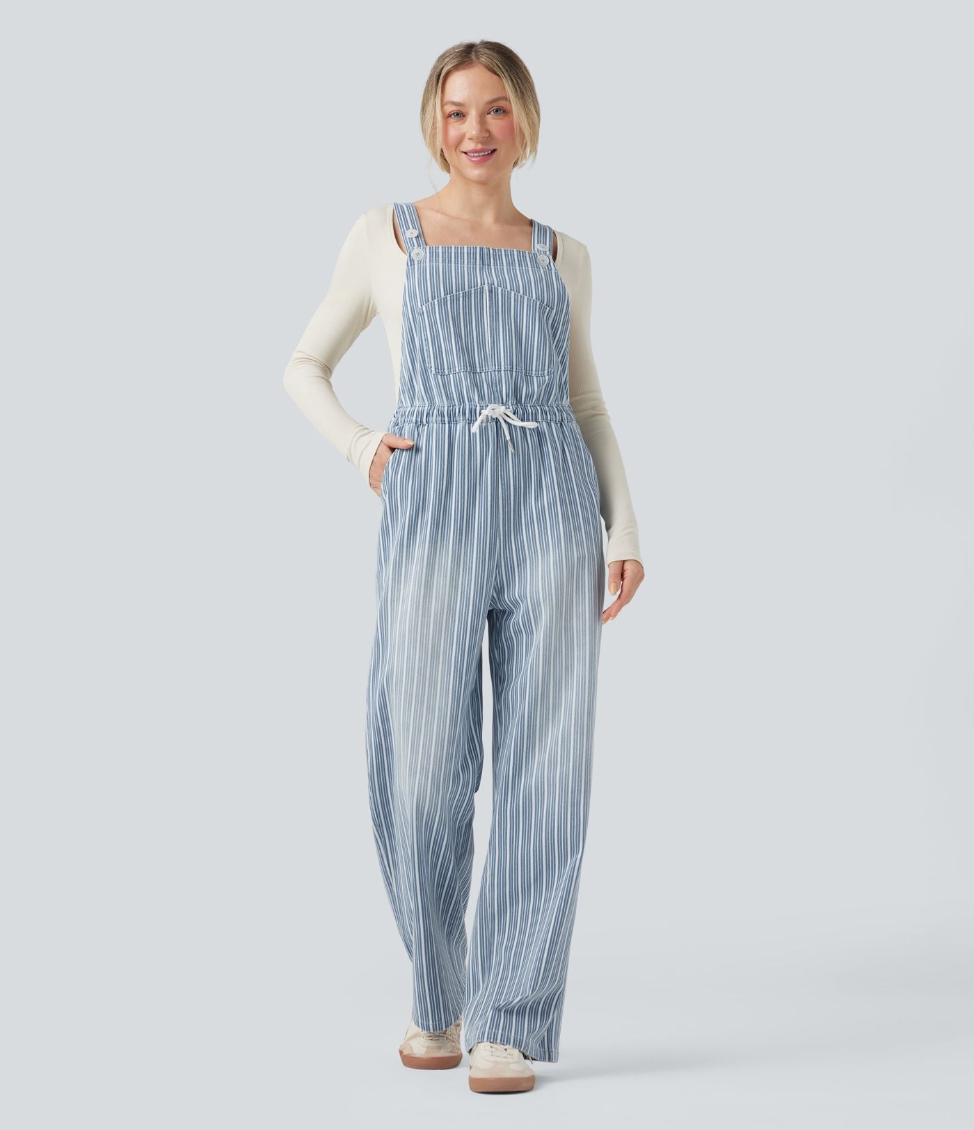 Salopette en denim décontractée droite à rayures Halara Flex™ avec cordon et poches
