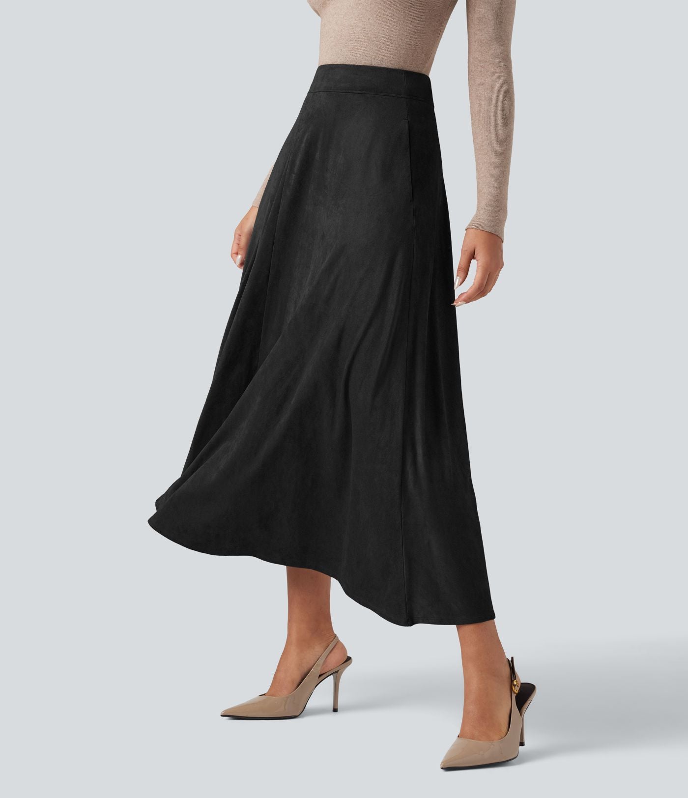 Jupe mi-longue évasée daim taille haute avec poches