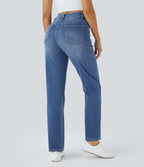Jean droit Halara Flex™ à taille haute, poches multiples, effet délavé et tissu extensible