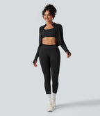 Veste de yoga courte ajustée Seamless Flow à col montant, manches longues et trous pour les pouces