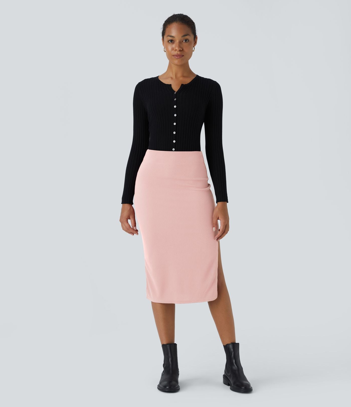 Jupe Midi Moulante Casual en Côtes Taille Haute Fendue
