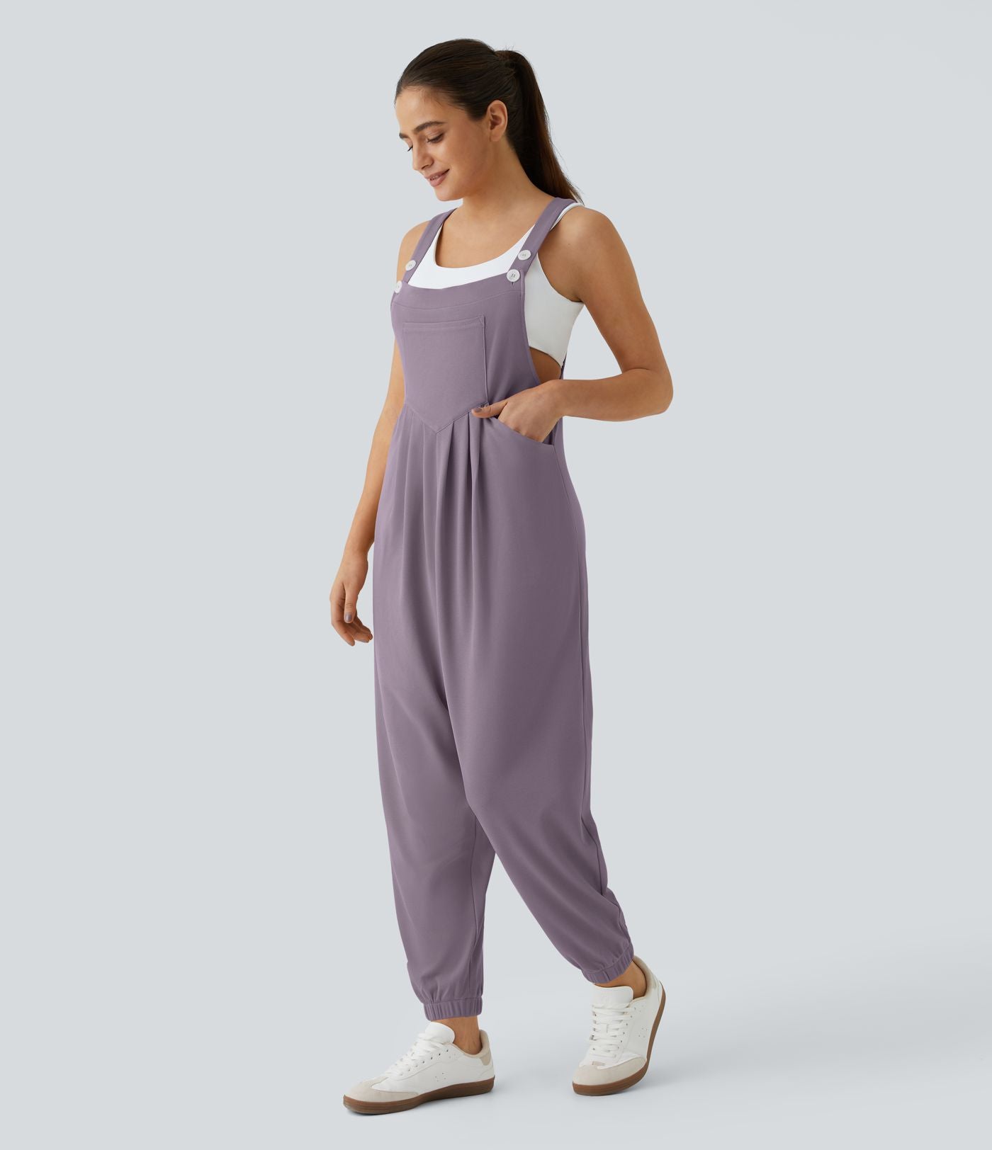 Salopette Casual Bretelles Ajustables Boutonnés Multiples Poches Plis et Tissu Gaufré