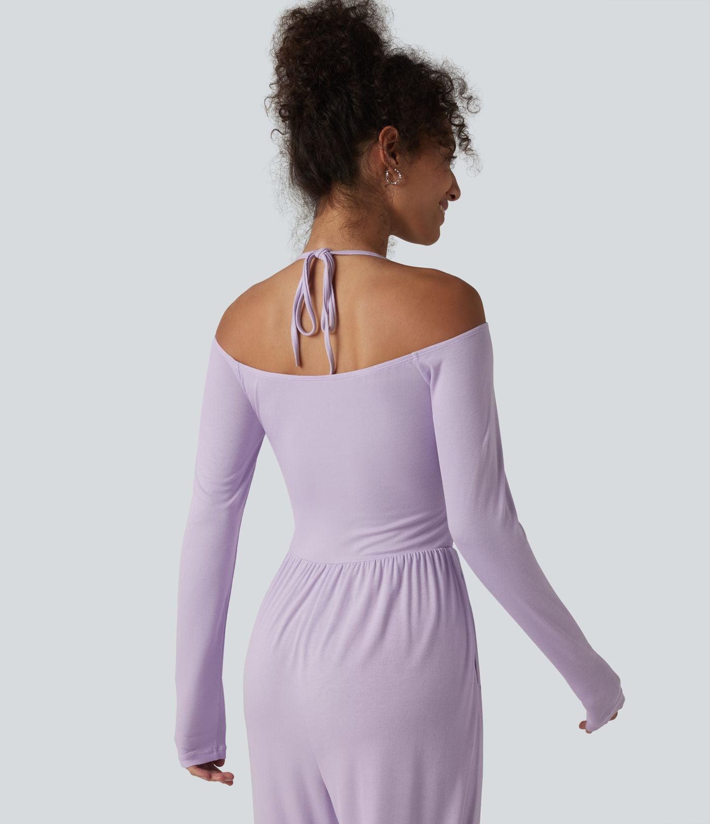 Combinaison casual en maille côtelée dos nu noué épaules dénudées manches longues avec soutien-gorge intégré et poches