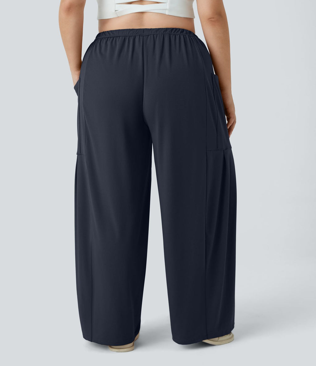 Pantalon Large Casual Taille Mi-Haute Taille Élastique Cordon Poches Latérales Ourlet Flottant Grande Taille