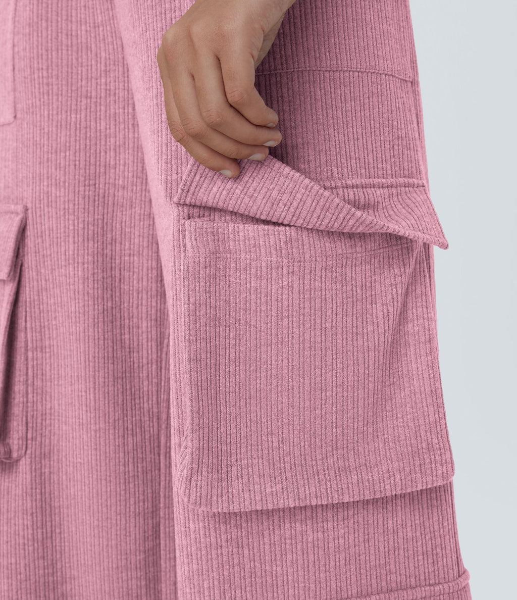 Pantalon cargo décontracté large à cordon côtelé, taille mi-haute, avec poches