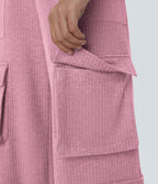 Pantalon cargo décontracté large à cordon côtelé, taille mi-haute, avec poches