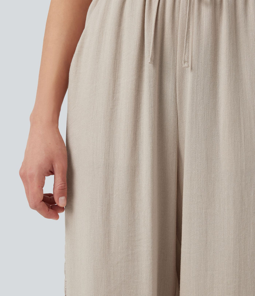 Pantalon décontracté taille haute à cordon de serrage, effet lin, avec poches