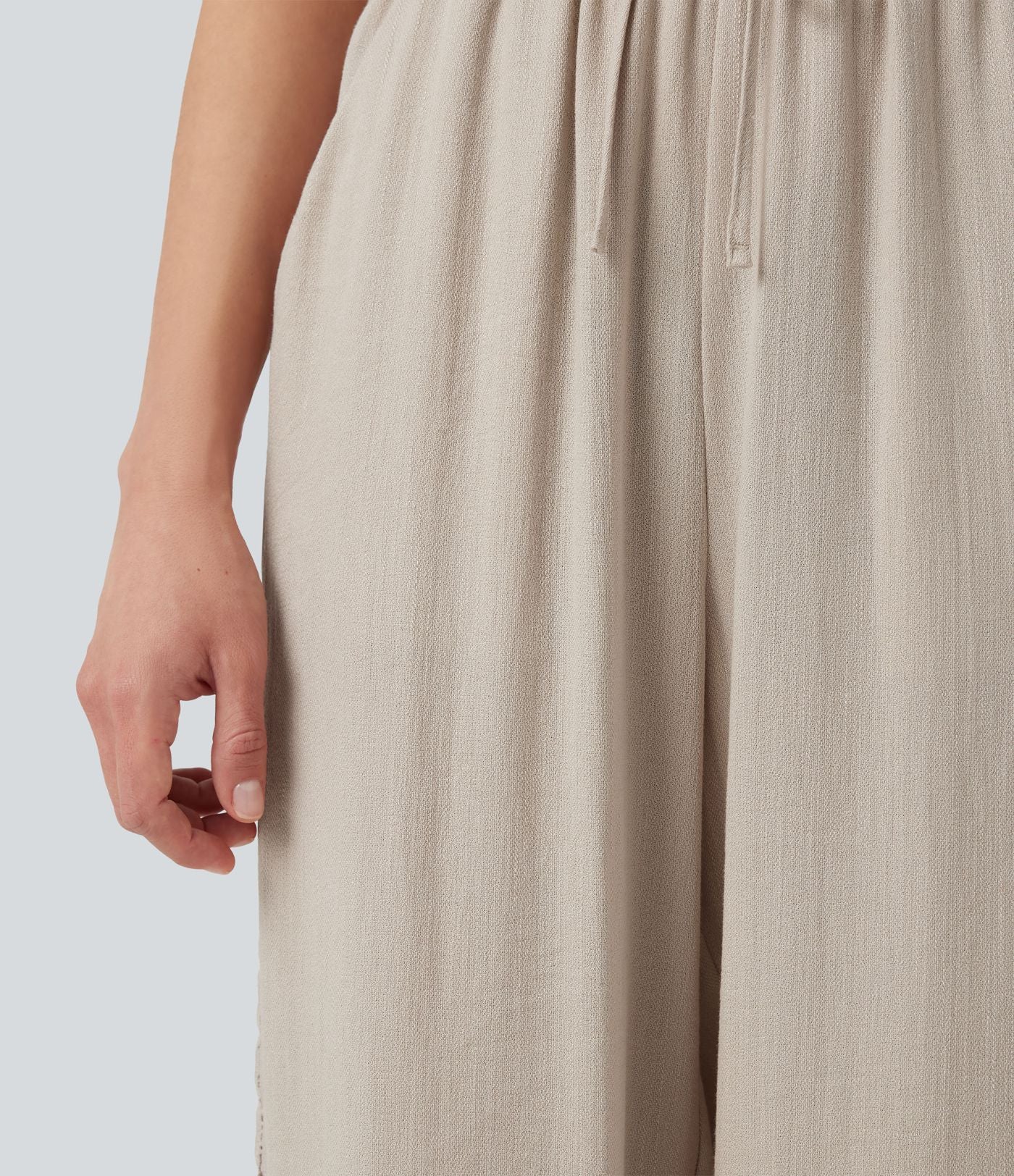 Pantalon décontracté taille haute à cordon de serrage, effet lin, avec poches
