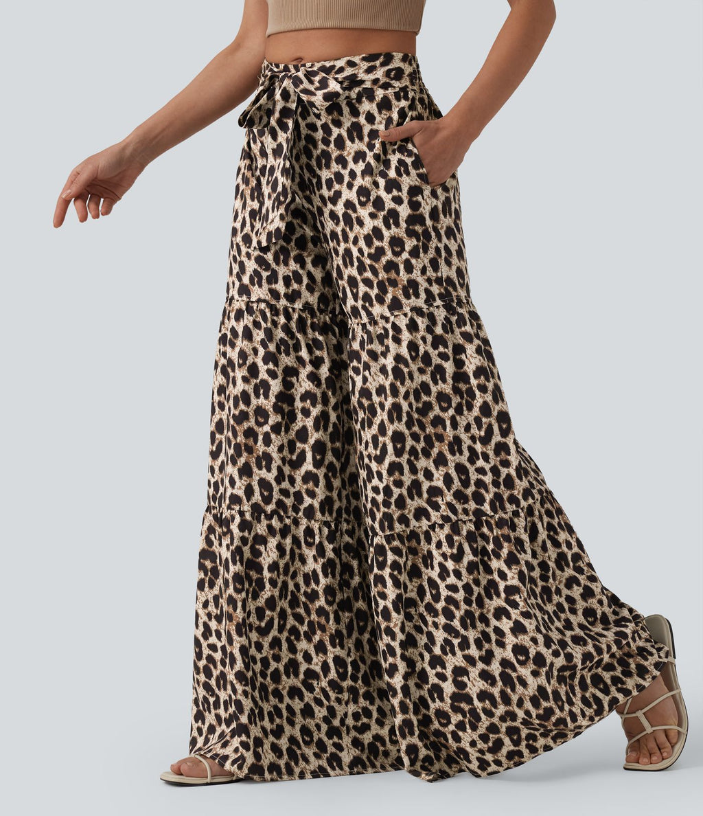 Pantalon ample décontracté taille mi-haute avec nœud devant imprimé léopard avec poches