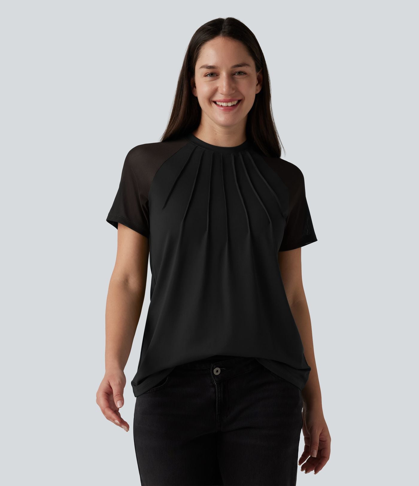 Blouse décontractée col rond manches raglan courtes avec empiècement en mesh contrasté