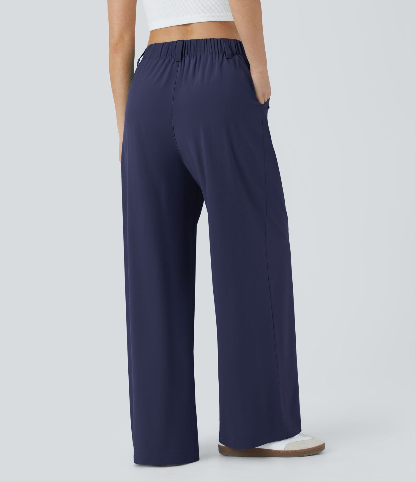 Breezeful™ Pantalon Large Fluide Taille Haute Poches Latérales Palazzo Solide Casual Linen-Feel