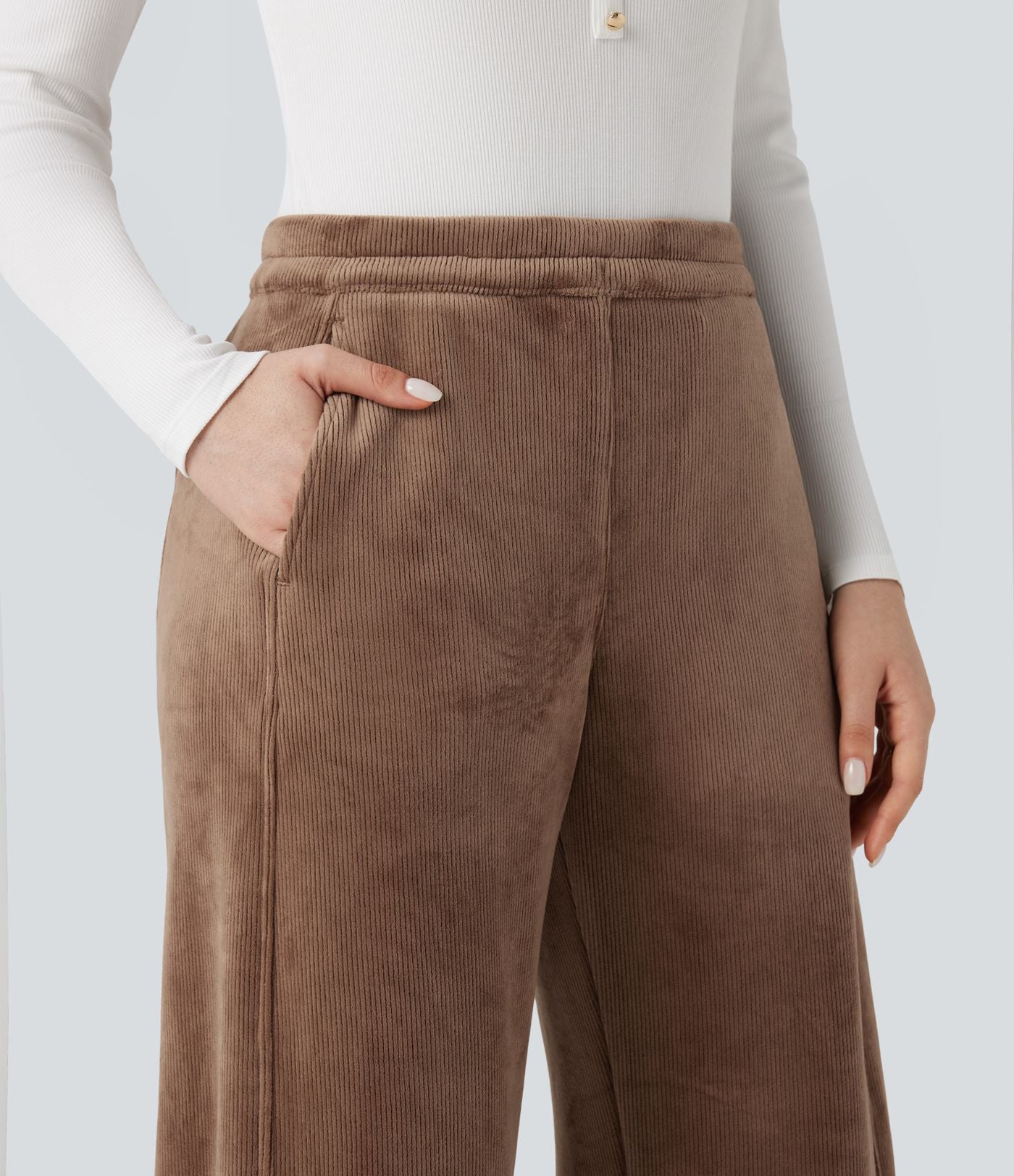 Pantalon barrel polaire côtelé taille mi-haute avec poches