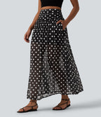 Jupe maxi fluide décontractée maille pois gainante taille haute avec poches