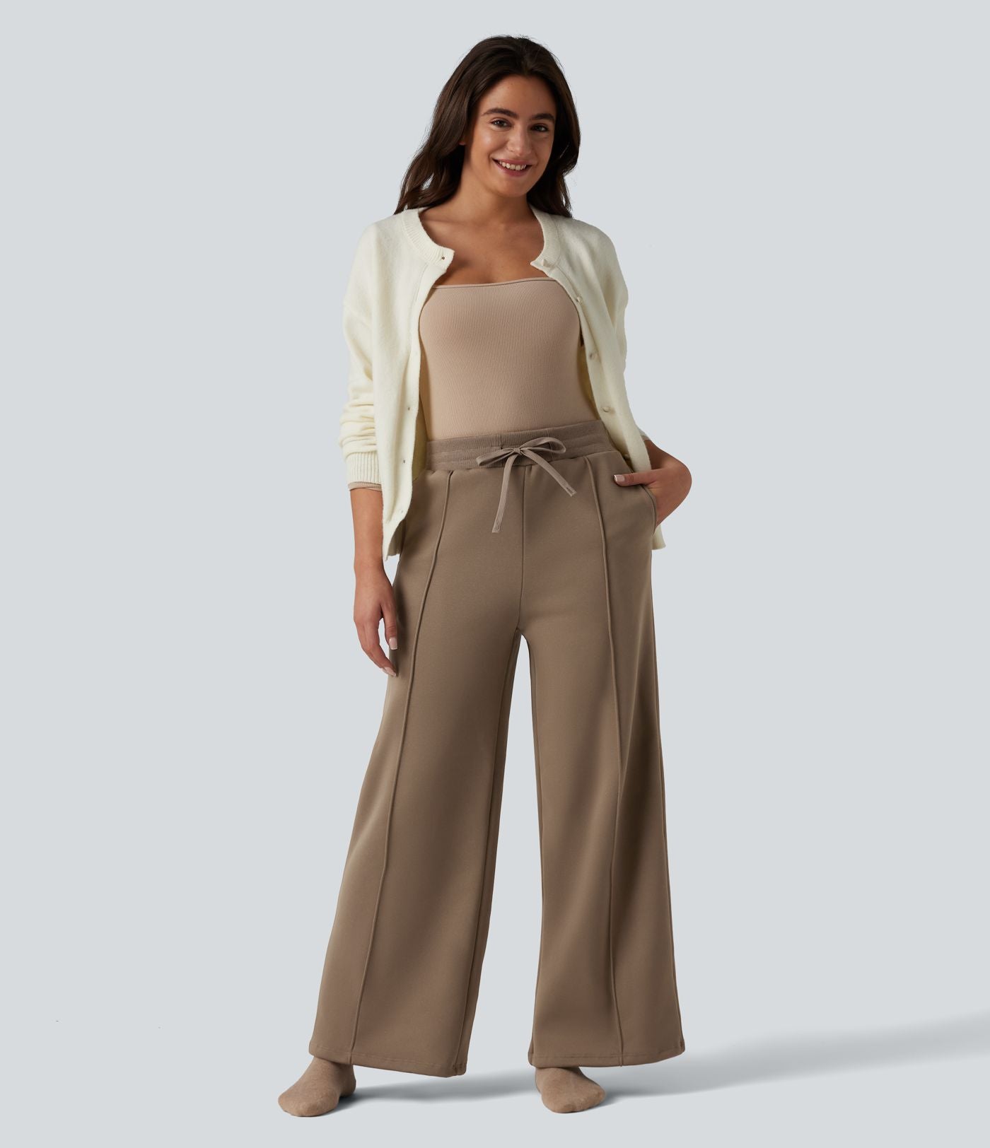 Pantalon thermique coupe droite taille haute avec cordon de serrage et poches