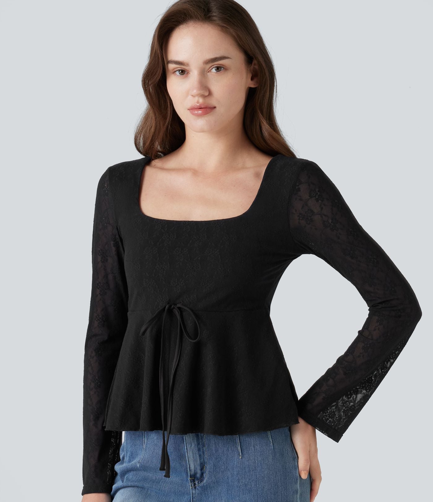 Top babydoll de soirée col U à manches longues avec dentelle contrastante et cordon de serrage