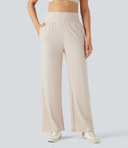 Pantalon décontracté maille côtelée taille haute avec poches