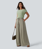 Pantalon large fluide taille mi-haute aspect lin avec ceinture et poches