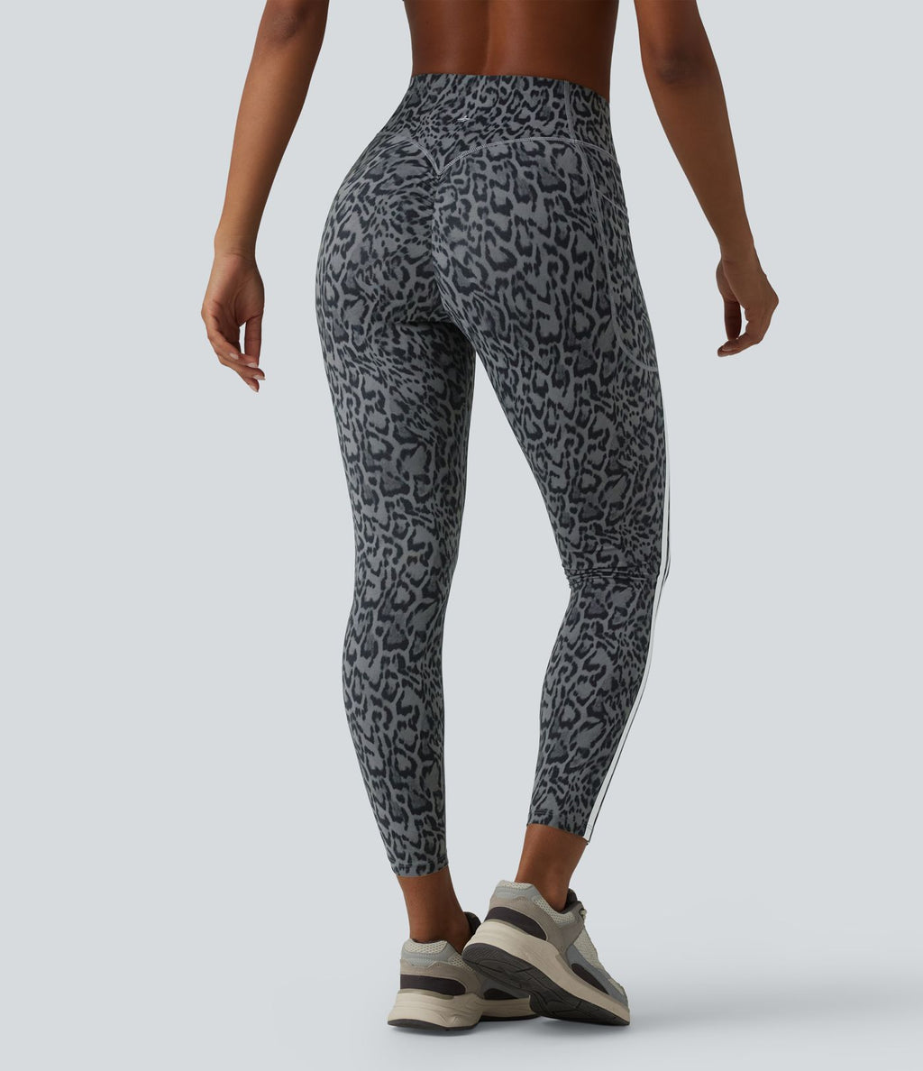 Legging 7/8 d'entraînement Halara UltraSculpt™ imprimé léopard, taille haute, ventre plat, push-up, rayures color block avec poches