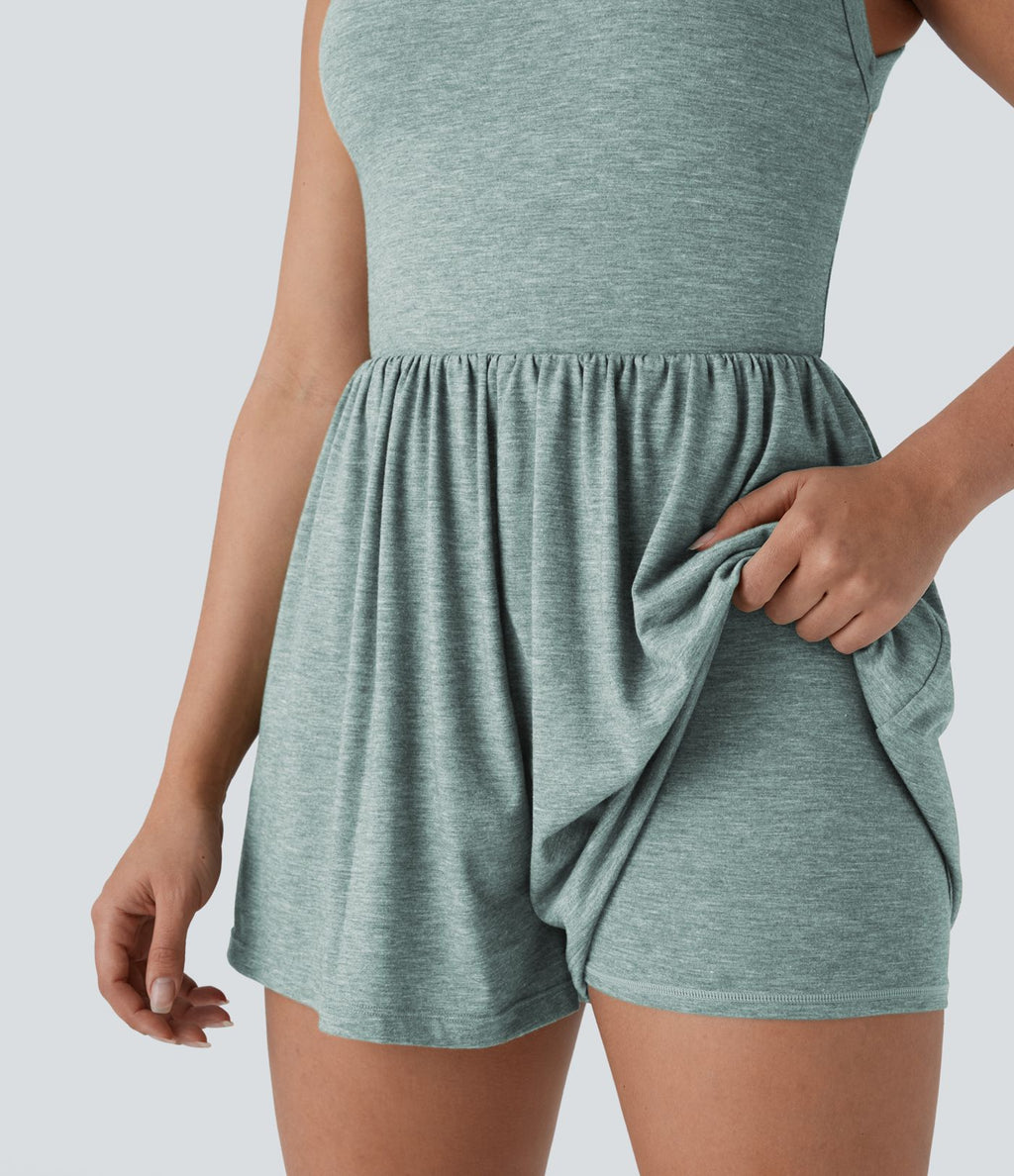 Combishort de villégiature 2-en-1 à dos nu, design torsadé, poches latérales - Édition Easy Peasy