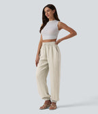Jogging casual large ample taille haute aspect lin à cordon de serrage avec poches