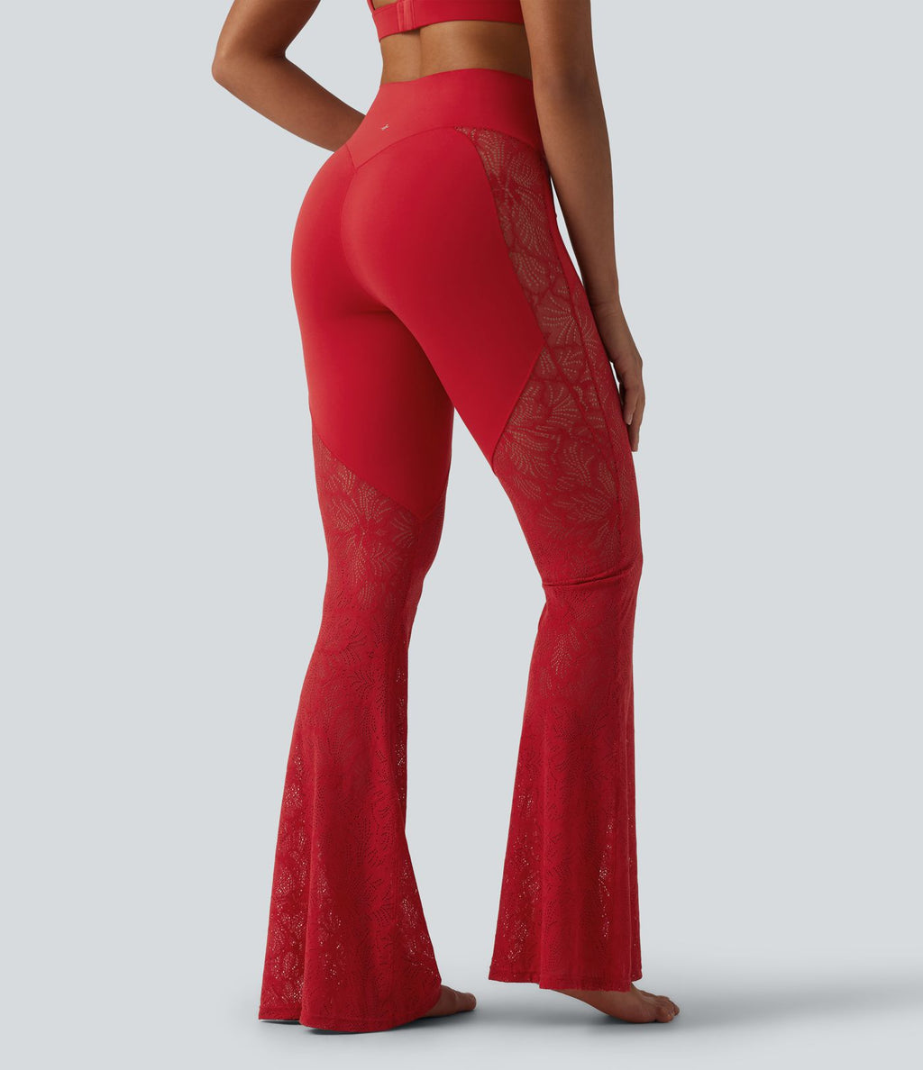 Pantalon de yoga évasé gainant taille haute avec dentelle contrastée et poche Halara UltraSculpt™