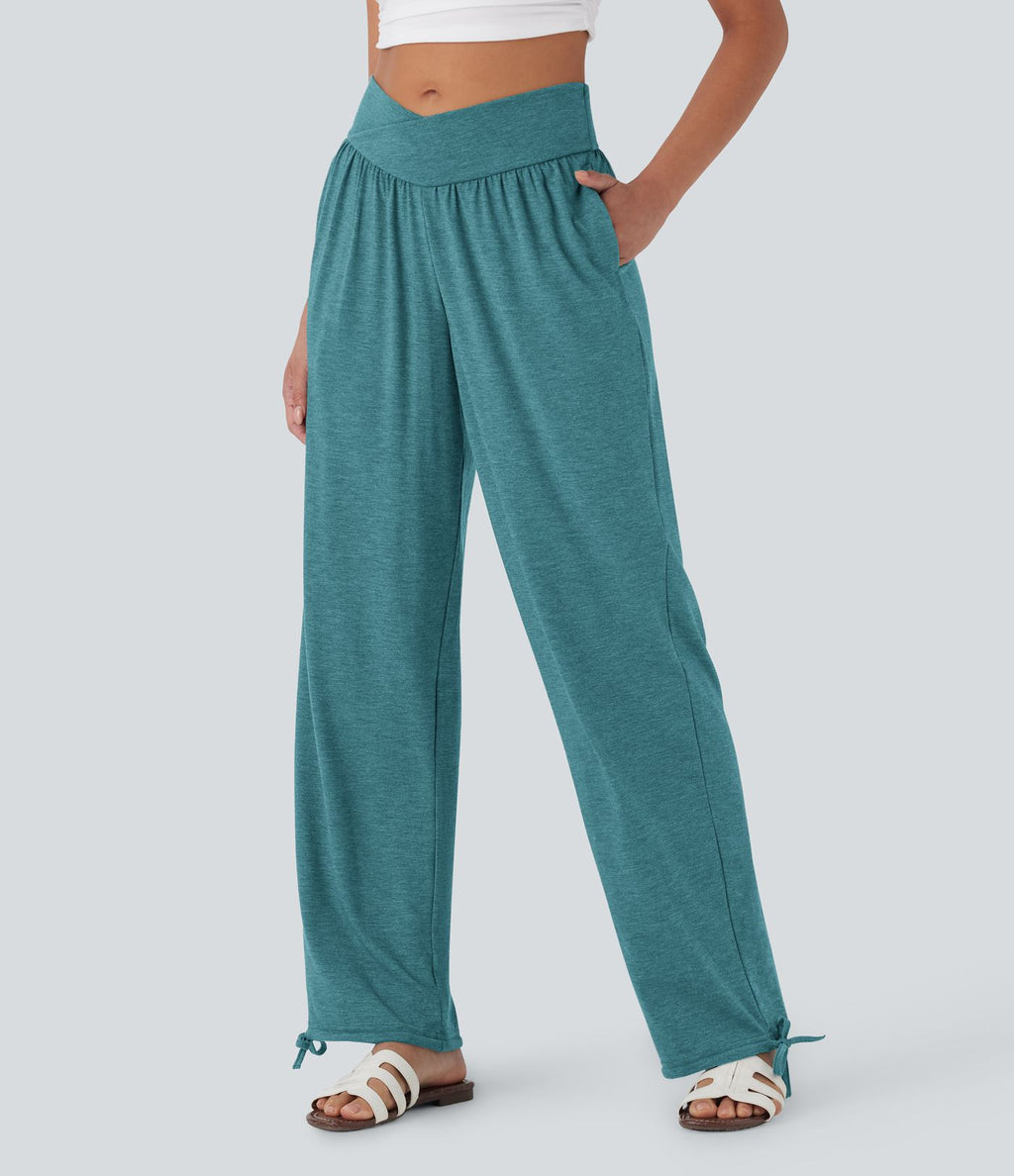 Pantalon de jogging décontracté à taille haute croisée avec poches latérales et cordon de serrage