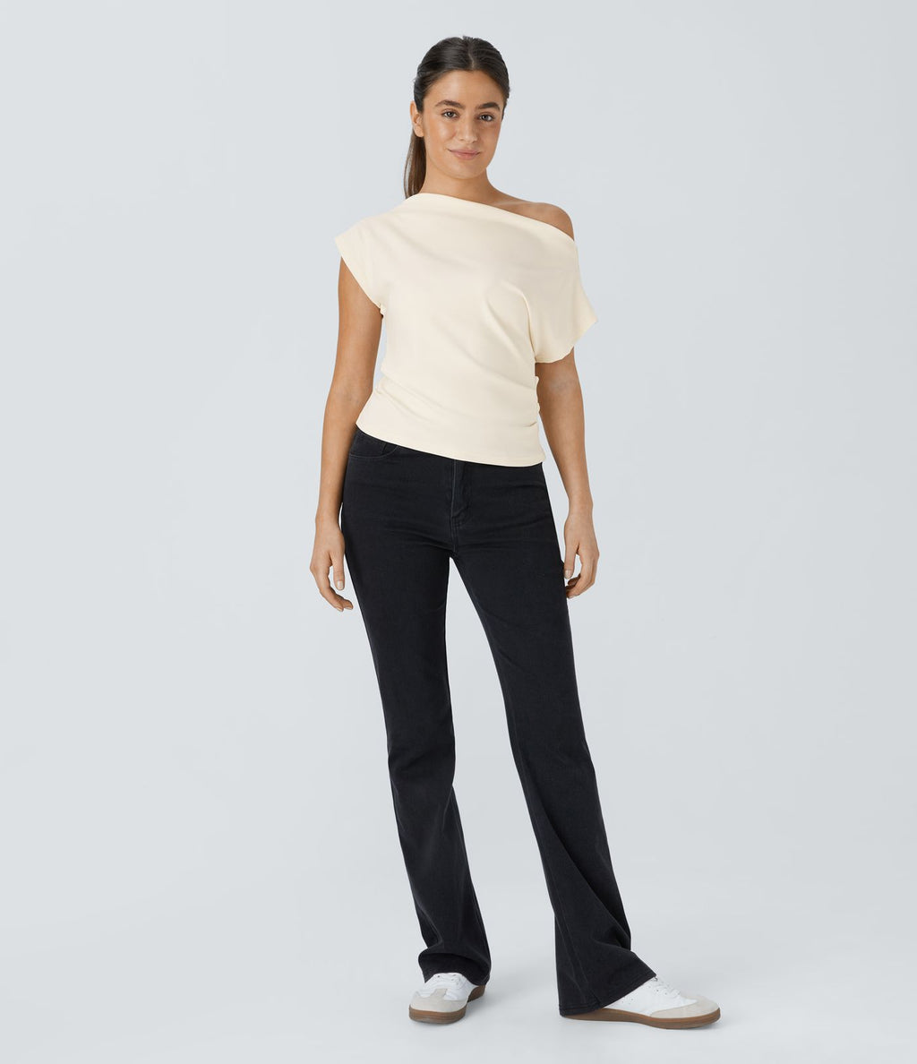Top Casual Épaules Dénudées Manches Courtes Ruchées