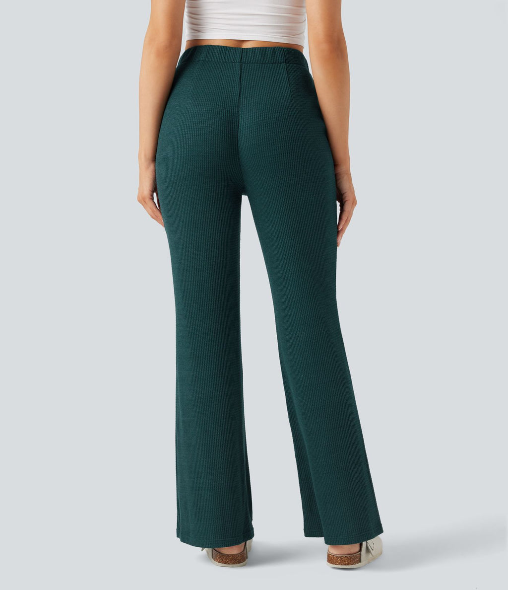 Pantalon décontracté évasé maille gaufrée taille haute avec poches