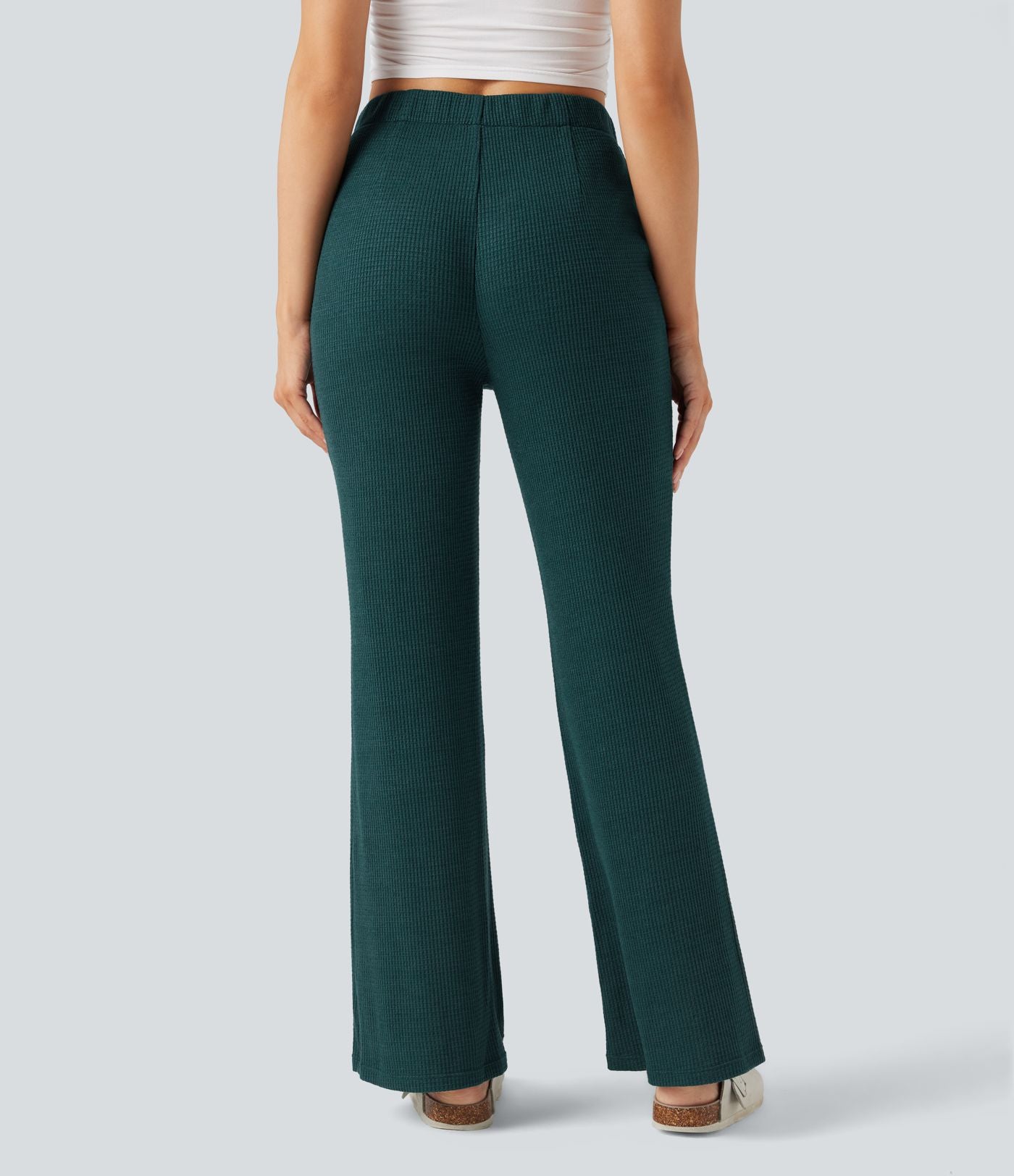 Pantalon décontracté évasé maille gaufrée taille haute avec poches