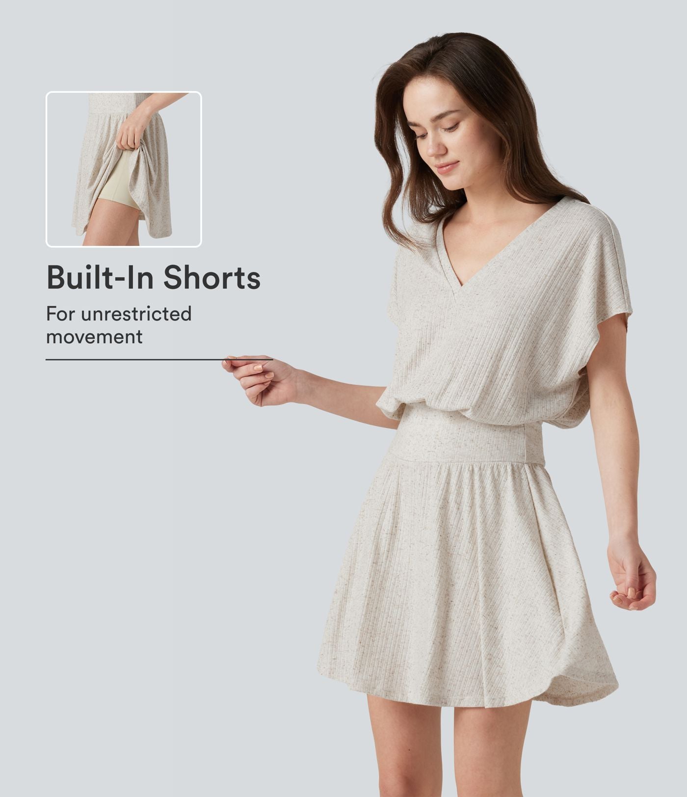 Robe mini décontractée 2-en-1 en maille côtelée mélange de lin, col V, manches courtes, coupe fluide
