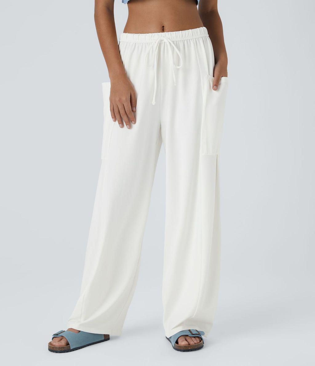 Pantalon Large Fluide Taille Mi-Haute Taille Élastique Cordon Poches Latérales Ourlet Flottant