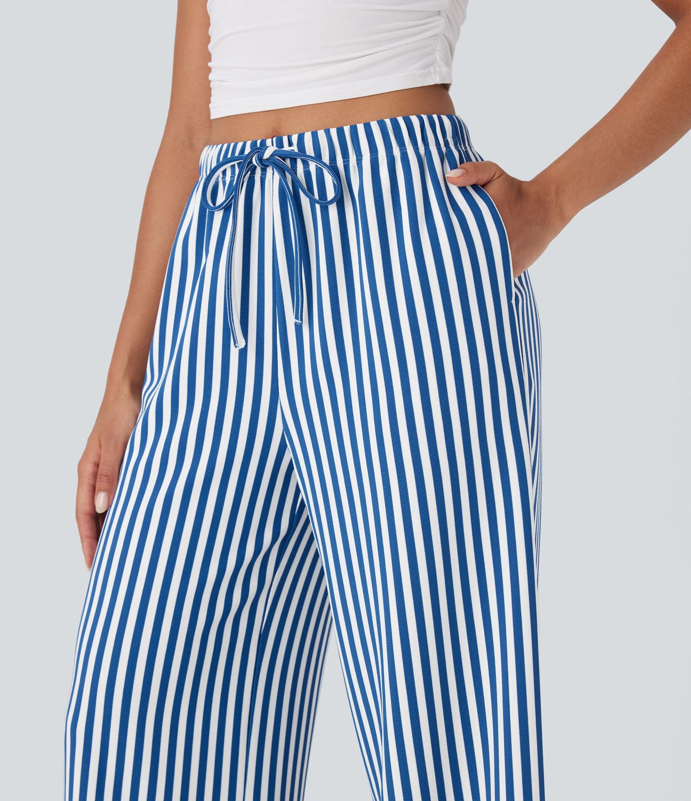 Pantalon de vacances jambes larges taille haute en tissu gaufré à rayures avec cordon de serrage et poches