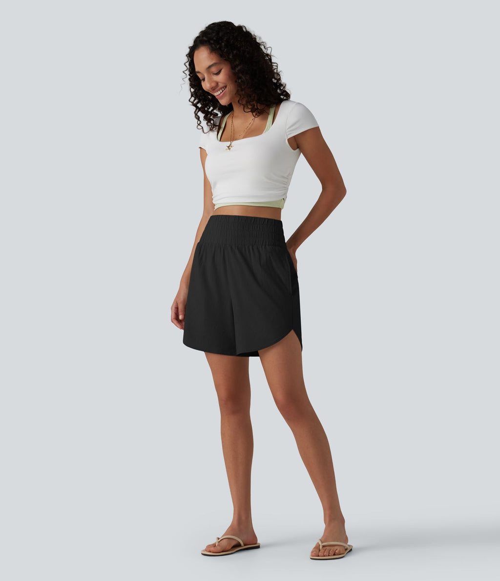 Short décontracté en lin extensible taille haute ourlet arrondi 12,5 cm avec poches