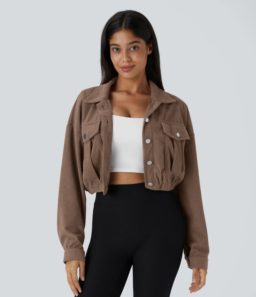 Veste Casual en Velours Côtelé à Boutons Poches Col Court